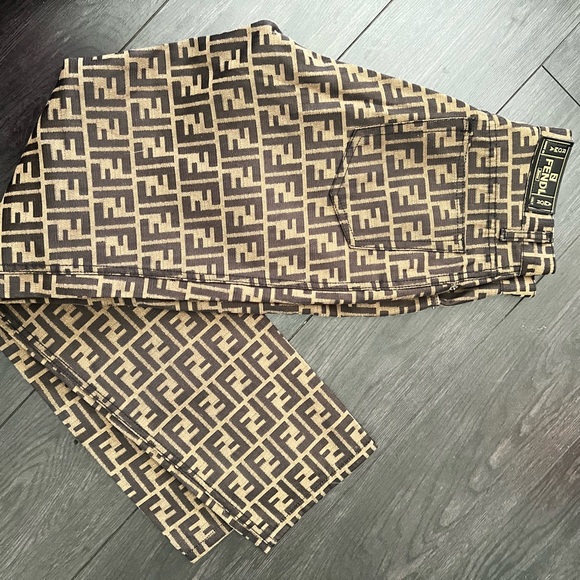 Fendi Brown High Rise Jeans with Geometric Pattern - Picture 1 of 8